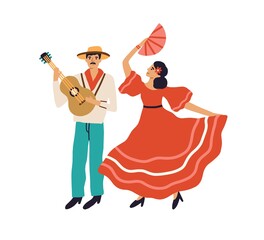 Spanish couple of man playing guitar and woman dancing flamenco in red dress. Hispanic guitarist and passionate female dancer. Colored flat graphic vector illustration isolated on white background - obrazy, fototapety, plakaty