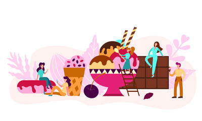 Dessert concept with tiny people. Men and women eating ice cream and chocolate. Design for café, banner, menu. Bakery vector illustration in flat style.