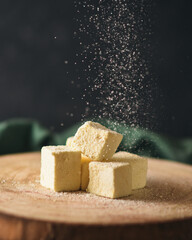 delicate light souffle, amazingly tasty dessert that melts in your mouth. unique taste of vanilla souffle with tropical flavors of banana, pineapple, mango