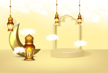 Ramadan kareem background with 3d luxury podium and lanters