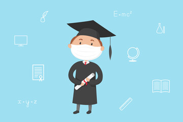 Graduate student in mask and mortarboard hold diploma. Cartoon. Vector illustration.