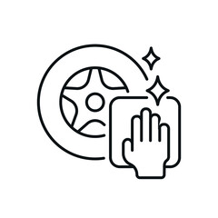 cleaning wheels and discs linear icon. Car wash. Thin line customizable illustration. Contour symbol. Vector isolated outline drawing. Editable stroke