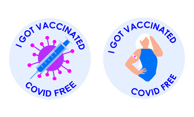 A collection different vaccination stamps or stickers. I got vaccinated. The girl shows the bandage from the vaccination. The syringe protects against the coronavirus. Eps 10.