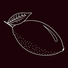 white silhouette of lemon with leaf on black background