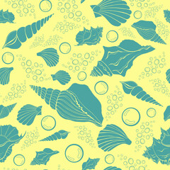 Modern flat outline sea shells, bubbles seamless pattern for fabric, textile, apparel, interior, stationery, wrapping paper, scrapbooking. Trendy marine endless texture. Exotic ocean shells contours.