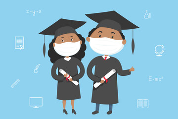 African graduate students in medical masks hold diplomas. Vector illustration.