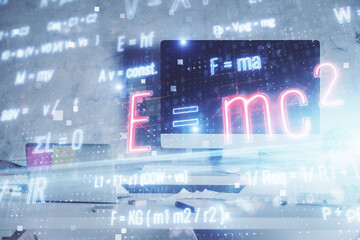 Double exposure of formulas drawing and office interior background. Concept of education.