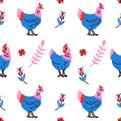 Seamless pattern with chickens and floral elements on a white background. Modern vector illustration. Perfect for printing on fabric or paper.