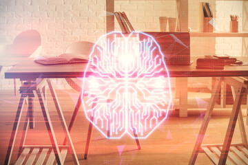 Multi exposure of brain drawing and office interior background. Concept of data technology.