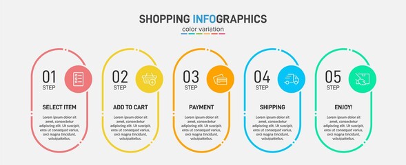 Concept of shopping process with 5 successive steps. Five colorful graphic elements. Timeline design for brochure, presentation, web site. Infographic design layout.