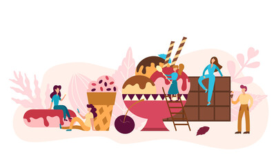 Dessert concept with tiny people. Men and women eating ice cream and chocolate. Design for cafe, banner, menu. Bakery vector illustration in flat style
