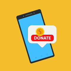 Smartphone with gold coin and button on smartphone screen. Donate online concept. Vector illustration