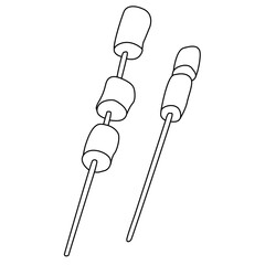 Marshmallow on wooden skewers. Hand drawn vector illustration of in doodle style on white background. Isolated black outline.