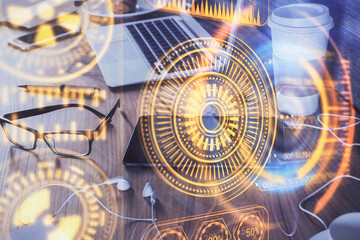 Double exposure of tech theme sketch over cell phone background. Concept of technology