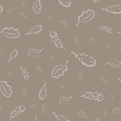 Oak leaf neutral seamless vector pattern background. Simple calligraphy mix of light grey brush leaves on kraft paper color backdrop. Elegant outline design. Botanical foliage painterly repeat.