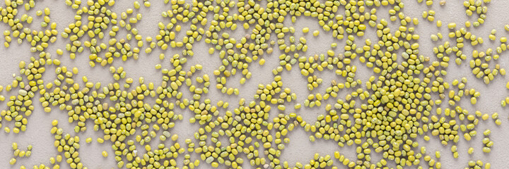 Legumes are scattered in the background, natural banner of mung beans , top view