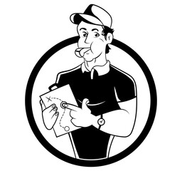 Cartoon, comic style male coach black and white logo in circle. Young man trainer with whistle and clipboard with a plan and strategy