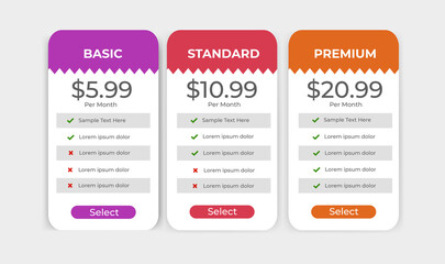 Website pricing package selection template