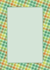 card frame for photo, invitation, diploma, certificate with texture of ragged old grungy gingham fabric border positive spring green yellow orange colors checkered tartan ornament, size A4