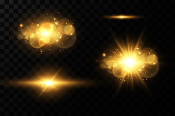 Shining golden stars. Light effects, glare, bokeh, glitter, explosion, golden light. Vector illustration.