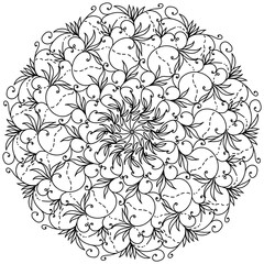 Fototapeta premium Delicate ornate mandala with curls and doodle flowers, anti stress coloring page and tangled patterns