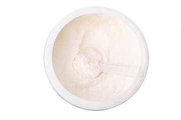 White protein powder in a jar