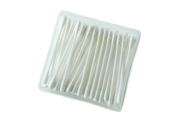 Cotton swabs in box, top view, isolated on white background