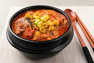 Korean food made with kimchi and vegetables and mackerel