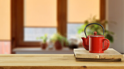 Desk of free space and red mug  with window 