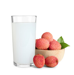 Lychee juice and fresh fruits on white background