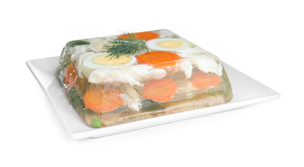 Delicious fish aspic in plate isolated on white