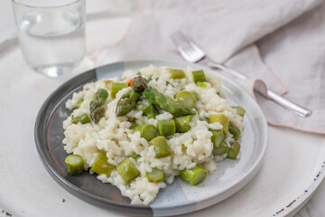 Spring food; Delicious risotto with asparagus and wild garlic