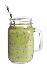 Delicious kiwi smoothie in mason jar isolated on white