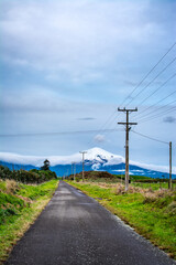Fototapeta na wymiar Straight road leading through green fields towards distant snowcapped mountains. Taranaki, New Zealand