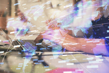 Multi exposure of woman hands working on computer and data theme hologram drawing. Tech concept.