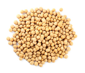 Heap of soya beans isolated on white, top view