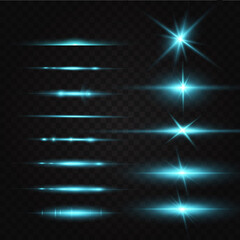 Bright particles, burning blue lights, stars, lasers. Vector.