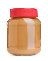 Delicious peanut butter in glass jar isolated on white