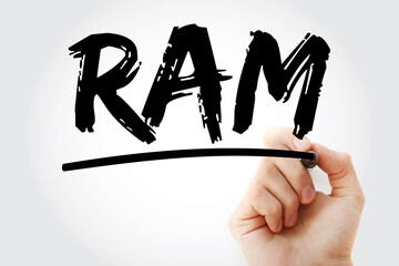 RAM - Random Access Memory acronym with marker, technology concept background