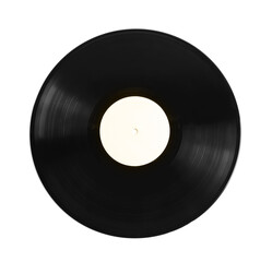 Vintage vinyl record on white background, top view