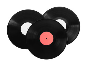 Vintage vinyl records on white background, top view