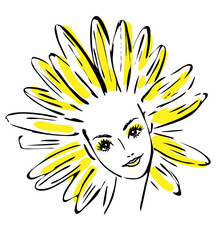 Bright colorful portrait of cute smiling girl with chamomile daisy flower hairstyle. Woman with flower on head. For print, cosmetics, concept, design. Hand drawn, sketch, isolated on white background.