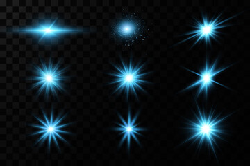 Bright particles, burning blue lights, stars, lasers. Vector.