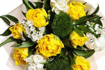 Beautiful bouquet with peony tulips, closeup view