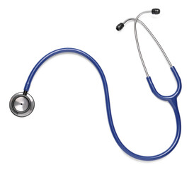 Modern stethoscope on white background, top view