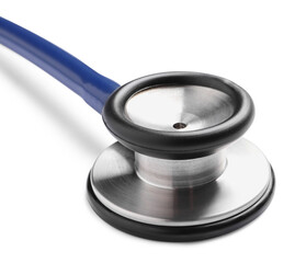 Modern stethoscope on white background, closeup view
