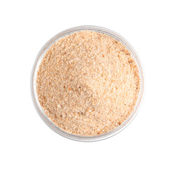 Fresh bread crumbs in glass bowl isolated on white, top view