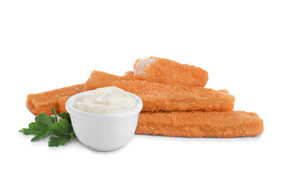 Fresh breaded fish fingers with parsley and sauce on white background