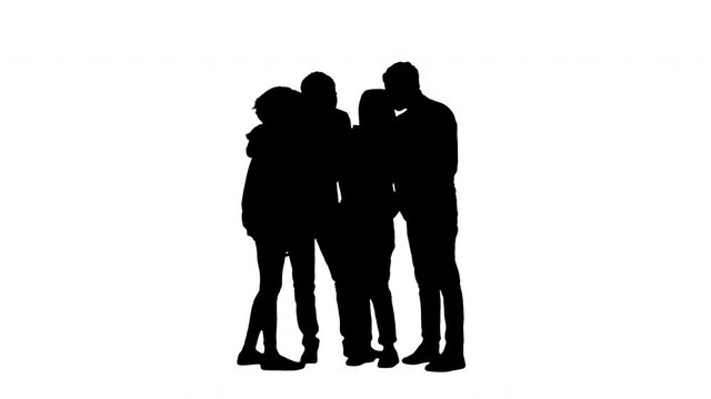 Silhouette A group of friends checking some info with the voice commands on their phone, laughing at the search results