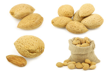 bunch of almond nuts and some in a burlap bag on a white background
